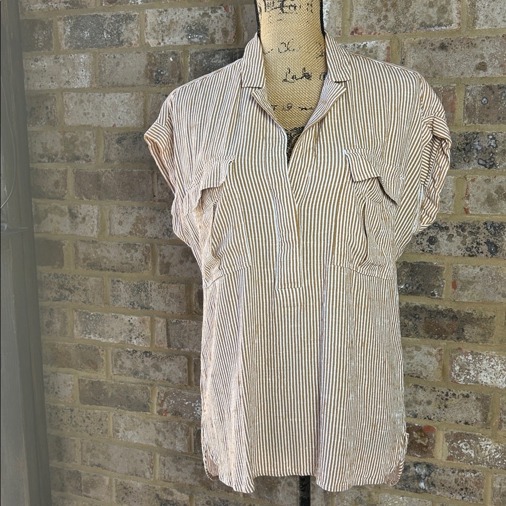 LOFT Tan and White Striped Top small - Picture 2 of 6